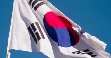 Büyük Devlet Bayrağı güneş tarafından aydınlatılır ve mavi gökyüzüne karşı rüzgarda destansı bir şekilde çırpınır. Yavaş Çekim 120 fps