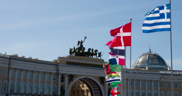 State Flags Different Countries Fly Backdrop European Architecture — Stock Video