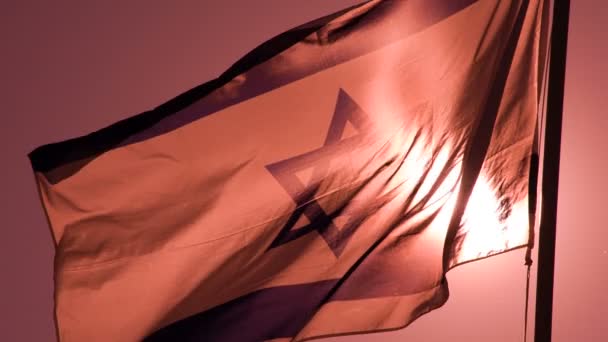 Israeli Flag Dawn Rays Big State Flag Illuminated Sun Flutters — Stock Video