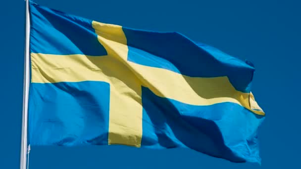 Szwedzka Flaga Macha Wiatrem Flaga Wielkiego Państwa Jest Oświetlona Słońcem — Wideo stockowe