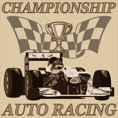 Yarış spor araba. Kupası ve yarış bayraklarını arka plan üzerinde izole. Vektör çizim.