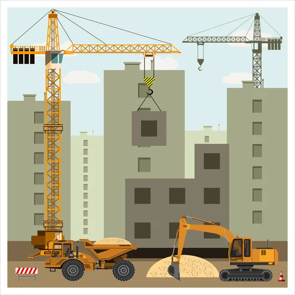 Construção Com Equipamento Especial Crane Constrói Uma Casa Escavadeira Carrega —  Vetores de Stock