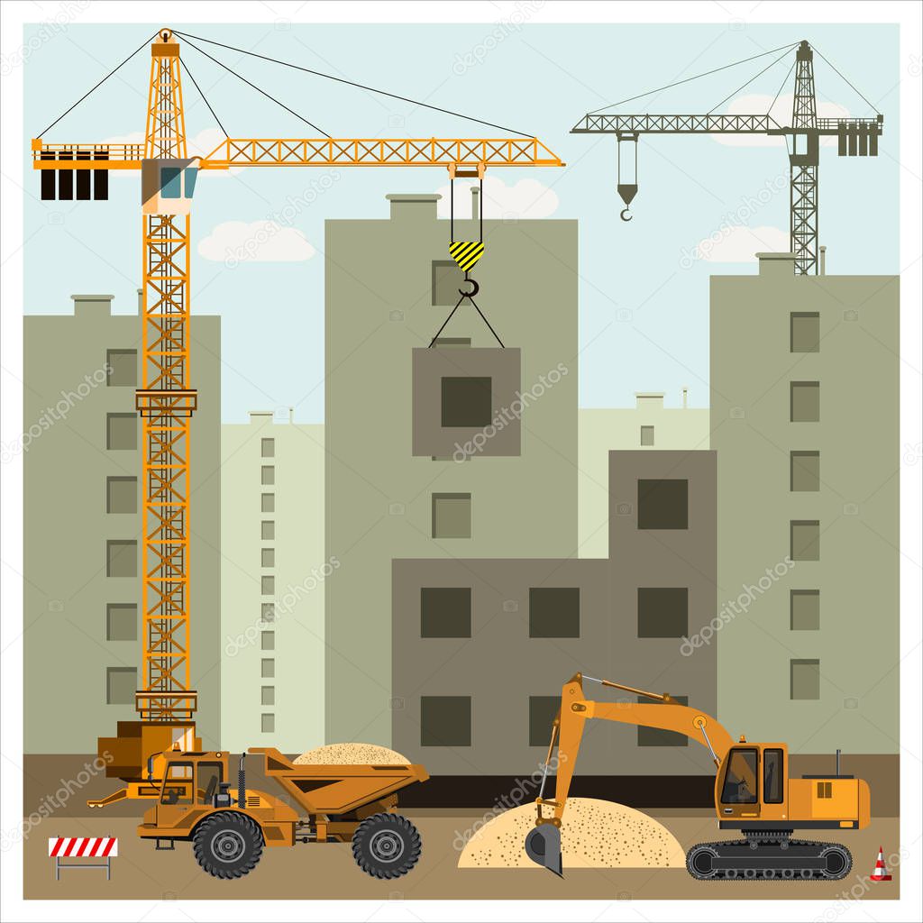 Construction site with special equipment. Crane builds a house. Excavator loads truck with sand. Construction equipment. Flat design. Vector illustration.