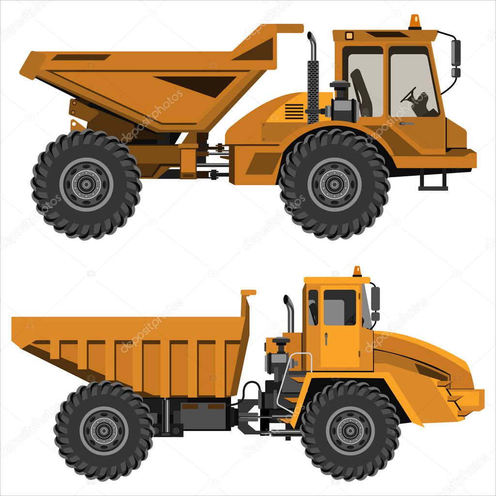 Powerful articulated dump truck. Isolated on a white background. Mechanical engineering, heavy industry, construction. Flat design. Vector illustration.