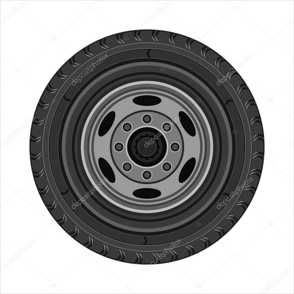 Truck wheel with steel disc isolated on white background. Flat design. Vector illustration.
