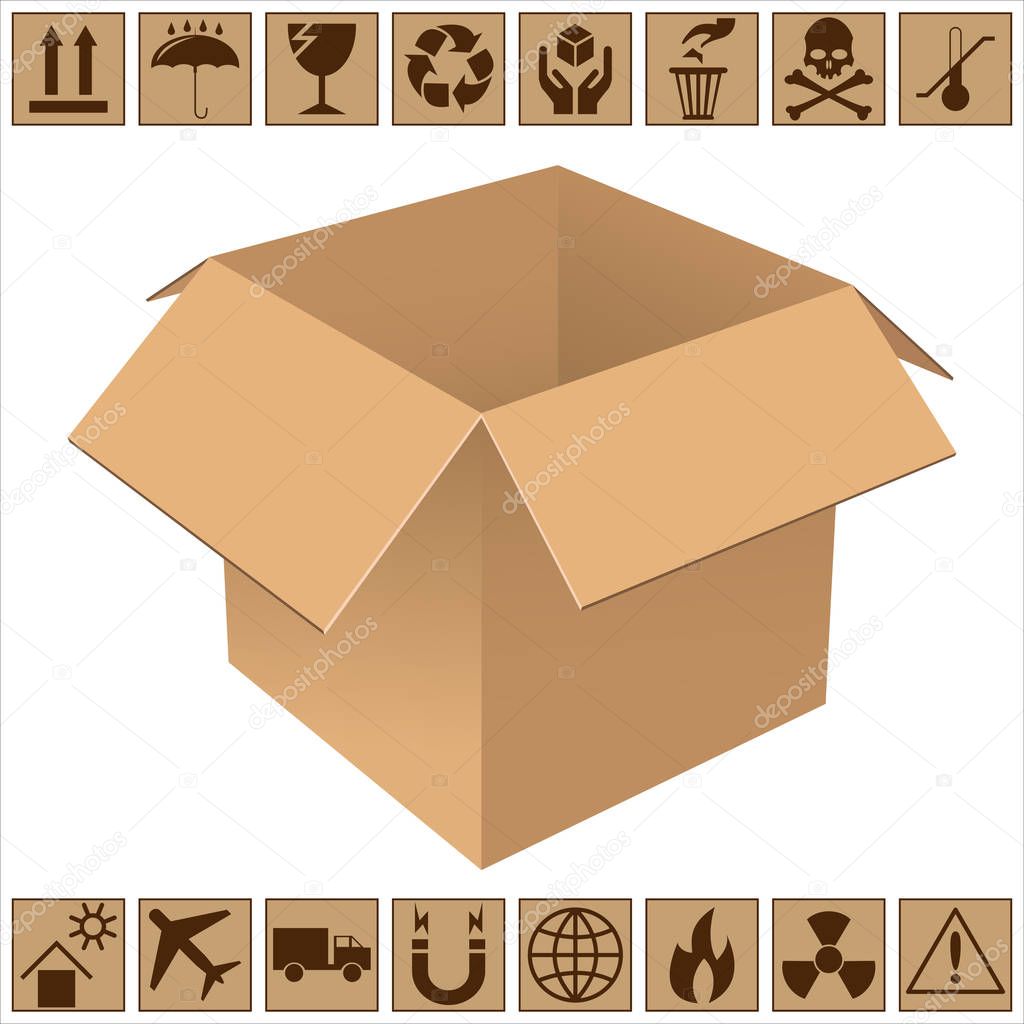 Realistic open cardboard box. The sample design for the packaging. Icons of fragility and recycling. Isolated on white background. Vector illustration.