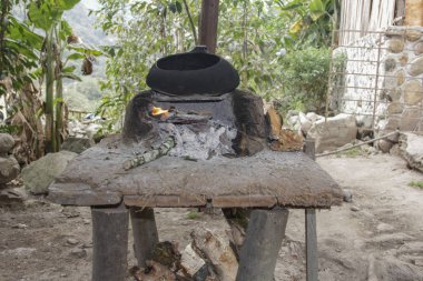 Perulu geleneksel adobe mutfak ahşap Machu Pichuu Cuzco Peru yakın ile