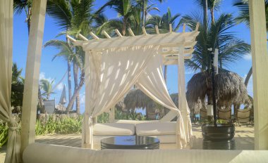 Palmiye ağaçları ve bir tatil üzerinde beyaz kum plaj cabanas