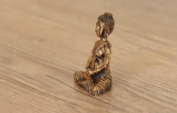Statue Buda Macro Detail Golden Wood Table — Stock Photo, Image