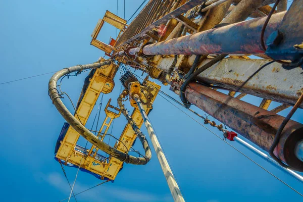 Alan petrol ve gaz üretim için iyi sondaj. Derrick, cihazlar ve kuyu sondaj için. Boru döner ve kuyuya gider.