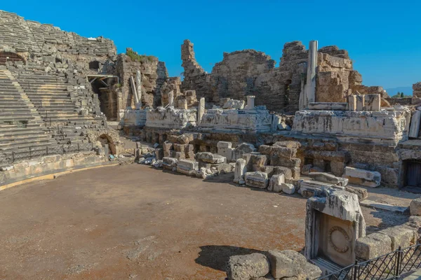 Ruínas Antiga Cidade Romana Side Turquia Restos Edifícios Teatro Outras — Fotografia de Stock