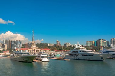 Yaz aylarında liman. Birçok farklı yat ve tekne yat limanında hazır. Yatçılar ve yolcuları denizde yelken açmaya hazırlanıyorlar. Sahil şehir bina arka planda.