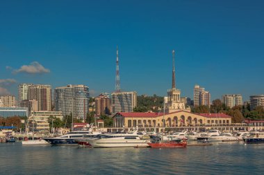 Yaz aylarında liman. Birçok farklı yat ve tekne yat limanında hazır. Yatçılar ve yolcuları denizde yelken açmaya hazırlanıyorlar. Sahil şehir bina arka planda.