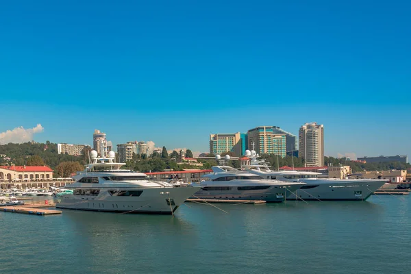 Yaz aylarında liman. Birçok farklı yat ve tekne yat limanında hazır. Yatçılar ve yolcuları denizde yelken açmaya hazırlanıyorlar. Sahil şehir bina arka planda.