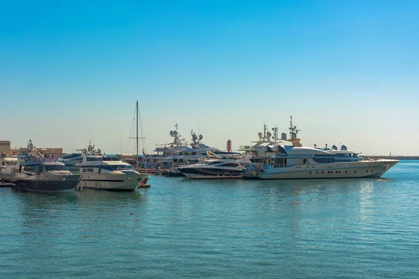Sea Port Summer Many Different Yachts Boats Stand Marina Yachtsmen Stock Image
