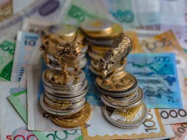 Bronz boğa ve ayı figürleri kağıt para ve metal sikke ile düzenlenmiştir. Arka plan bulanıklık. Borsa üzerinde ticaret sembolü ve kavramı.