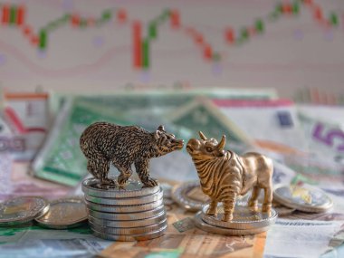 Kağıt para ve grafiklerin arka planına karşı metal sikkelerin yanında bir boğa ve bir ayının bronz figürleri. Bulanıklık arka plan ve perspektif. Borsa ve borsa işlemlerinin kavramı ve sembolü.