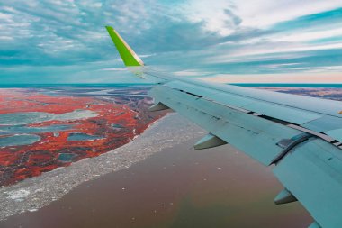 Uçak porthole bahar kuzey tundra ve göller renkli üst görünümü. Ayrıca uçan uçağın kanadı da görülebilir.