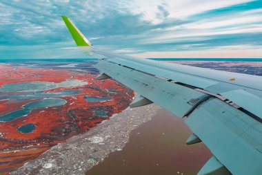 Uçak porthole bahar kuzey tundra ve göller renkli üst görünümü. Ayrıca uçan uçağın kanadı da görülebilir.