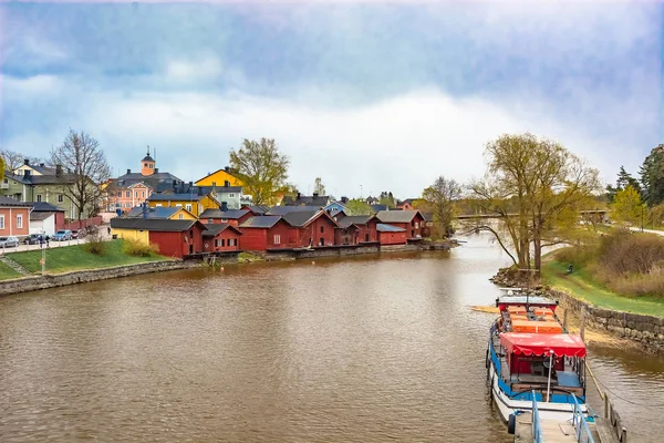 Scenic View Finnish City Parvoo River Pleasure Boat Neat Outbuildings — Stock Photo, Image