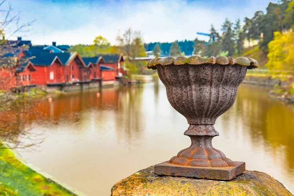 Finnish City Parvoo Foreground Bronze Vase Bridge River Background Overlooking — Stock Photo, Image