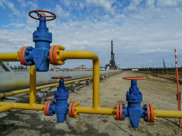 Boru hattı tesisatları ve sahada gaz kuyuları üretme manifoltları. Yüksek basınçlı valfler için el tekerlekleri. Arka planda bir sondaj kulesi var. Bulanık uzak nesneler.