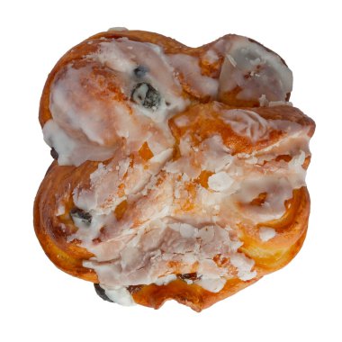 İzole et. Kuru üzümlü tatlı rulo. Üstü beyaz jöleli olsun. Yukarıdan görüntüle.