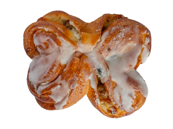 İzole et. Kuru üzümlü tatlı rulo. Üstü beyaz jöleli olsun. Yukarıdan görüntüle.