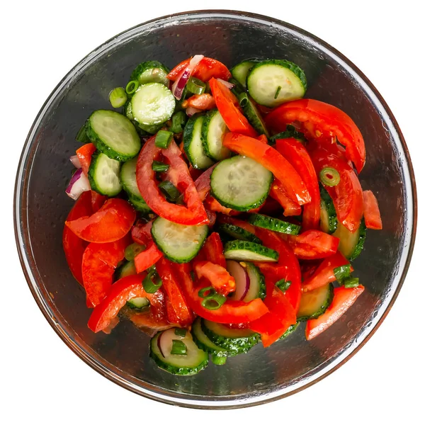 新鮮な野菜からビタミンサラダと丸皿の分離 トマト キュウリ ピーマン 油で味付け 上からの眺め — ストック写真
