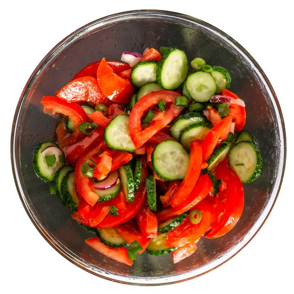 新鮮な野菜からビタミンサラダと丸皿の分離 トマト キュウリ ピーマン 油で味付け 上からの眺め — ストック写真