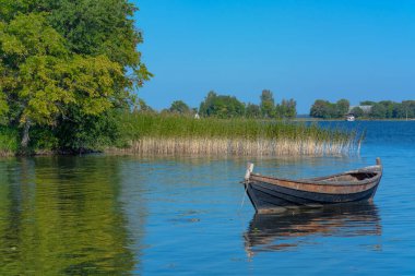 Güneşli bir yaz gününde Onega Gölü 'ndeki Kizhi adasında manzara. Gölde, su bitkilerinin arasında yapayalnız bir balıkçı teknesi. Uzakta, gölün karşı kıyısında.