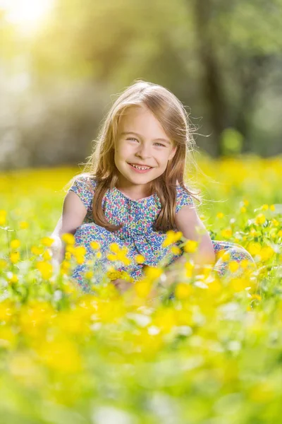 Счастливая маленькая девочка на цветущем лугу — стоковое фото