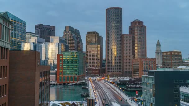 Timelapse av Boston downtown på vintermorgon — Stockvideo