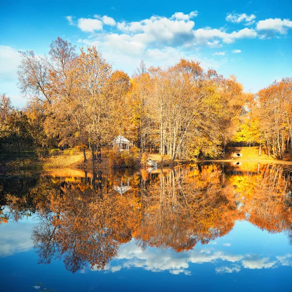 Ηλιόλουστο φθινόπωρο στο πάρκο πάνω από τη λίμνη — Φωτογραφία Αρχείου