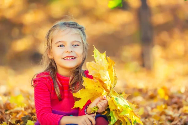 Sonbahar yaprakları ile mutlu küçük kız — Stok fotoğraf