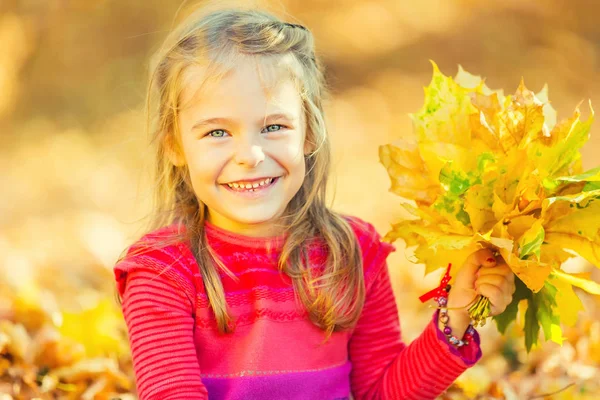Sonbahar yaprakları ile mutlu küçük kız — Stok fotoğraf