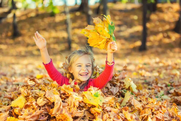 秋の紅葉の幸せな女の子を果たしています。 — ストック写真