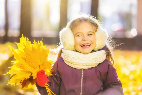 Happy little girl in earflaps with autumn leaves — Stock Photo, Image