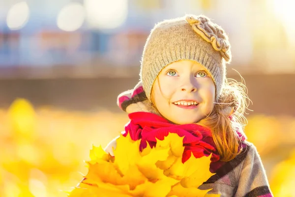 Menina feliz com folhas de outono — Fotografia de Stock