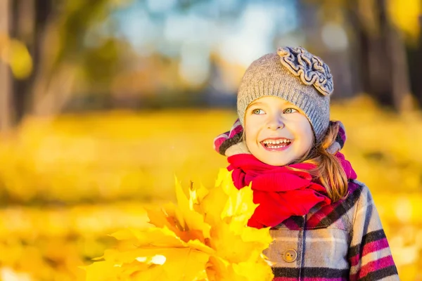 快乐的小女孩，与秋天的落叶 — 图库照片