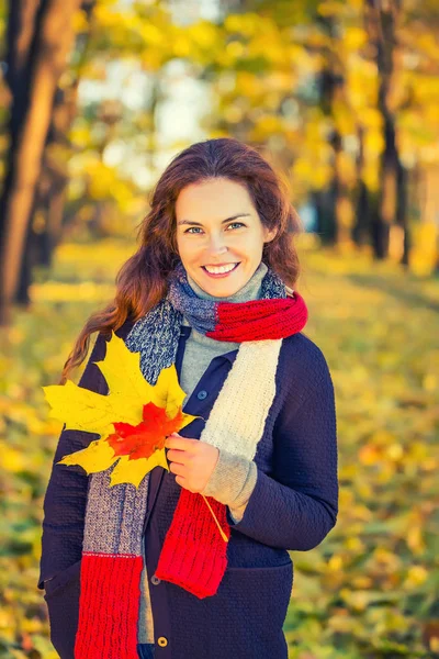 Portret van jonge mooie vrouw in herfstpark — Stockfoto