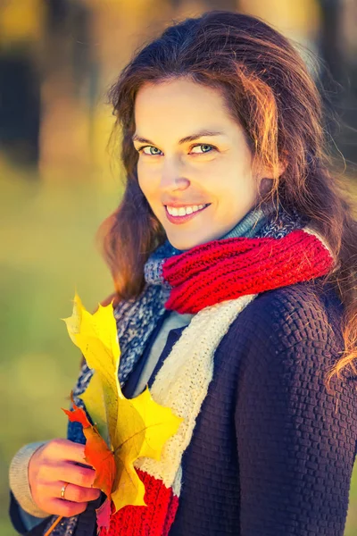 Ritratto di giovane bella donna nel parco autunnale — Foto Stock