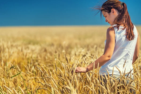 Mujer joven de pie en el campo de trigo dorado en el día soleado . — Foto de Stock
