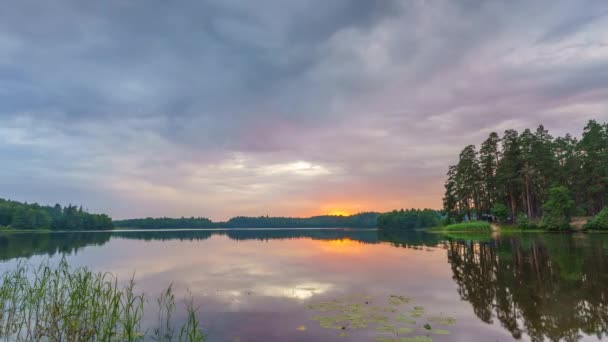 森林湖の上の美しい曇りの夕日のタイムラプス — ストック動画