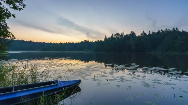 Timelapse av lugn vacker solnedgång över skogssjö — Stockvideo