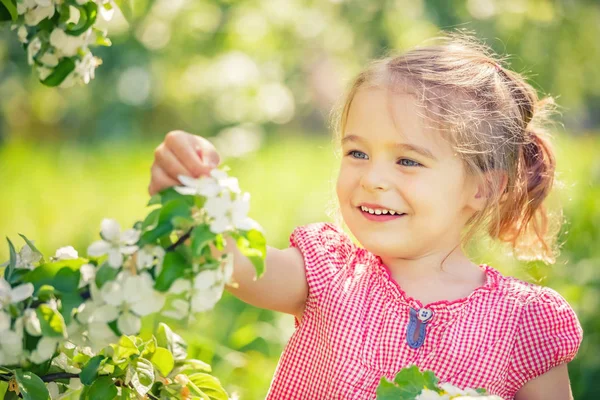 Menina feliz no jardim da árvore da maçã — Fotografia de Stock