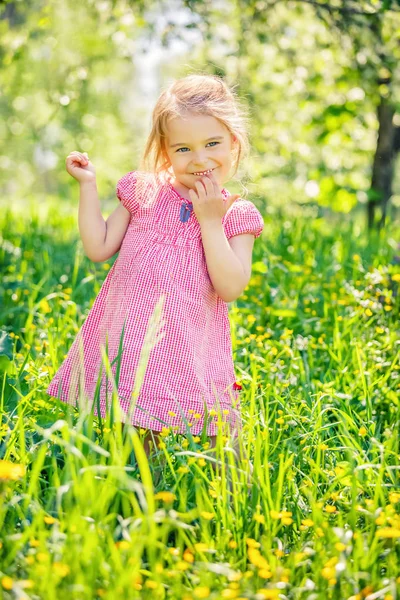 Happy little girl in spring garden — Stock Photo, Image