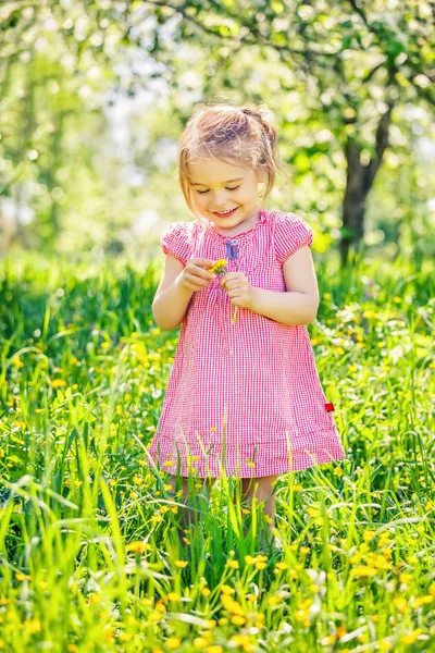 Bonne petite fille dans le jardin de printemps — Photo