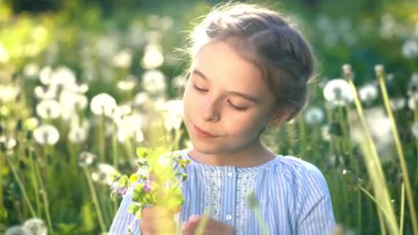 아름다운 어린 소녀가 여름날 꽃을 가지고 노는 모습. — 비디오