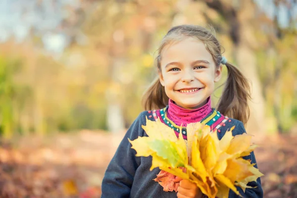 Ευτυχισμένο κοριτσάκι με φθινοπωρινά φύλλα — Φωτογραφία Αρχείου